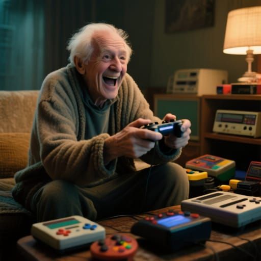 Enthusiastic Elderly Gamer in Cinematic Style
