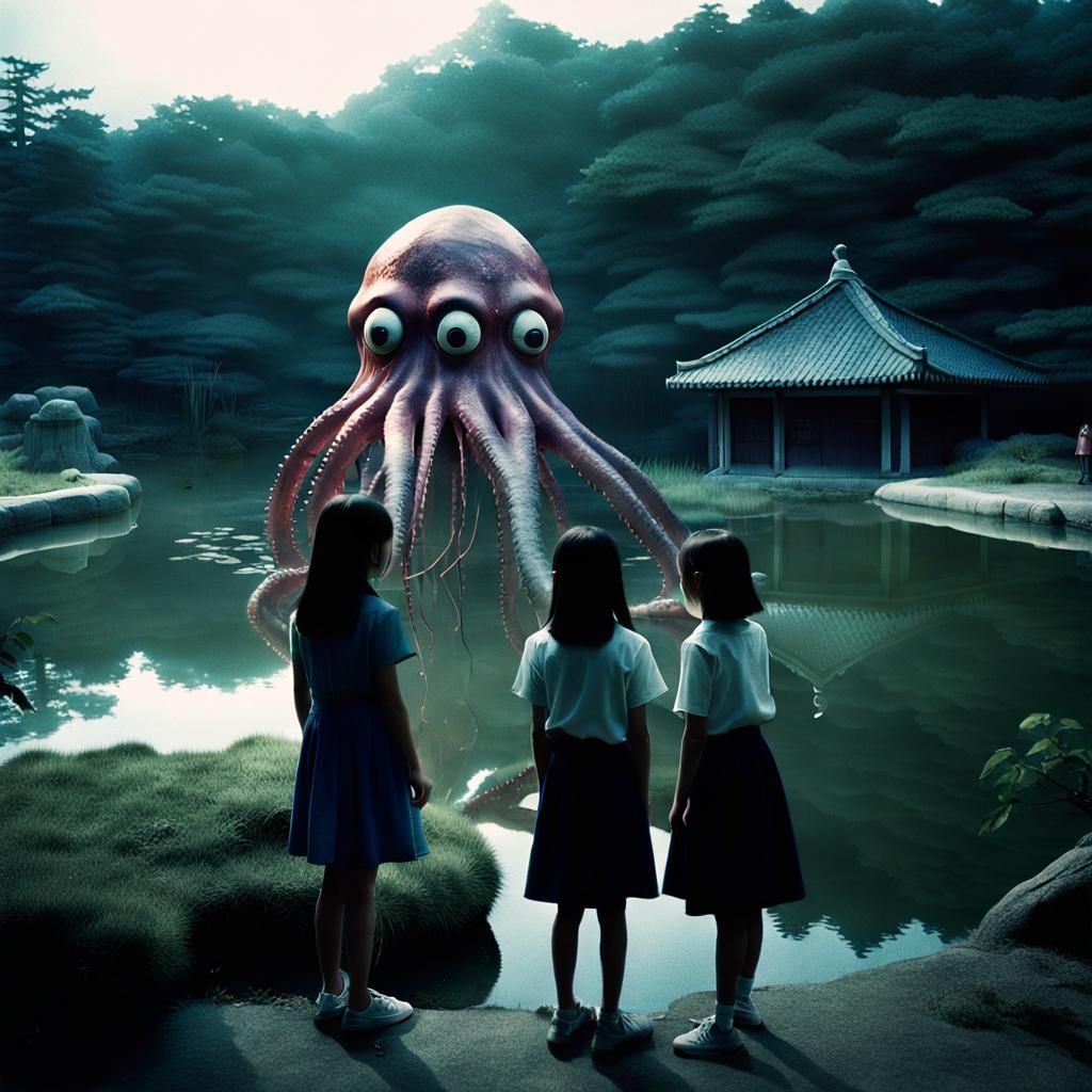 Korean Girls Meet Giant Squid in Pond: Cinematic Still