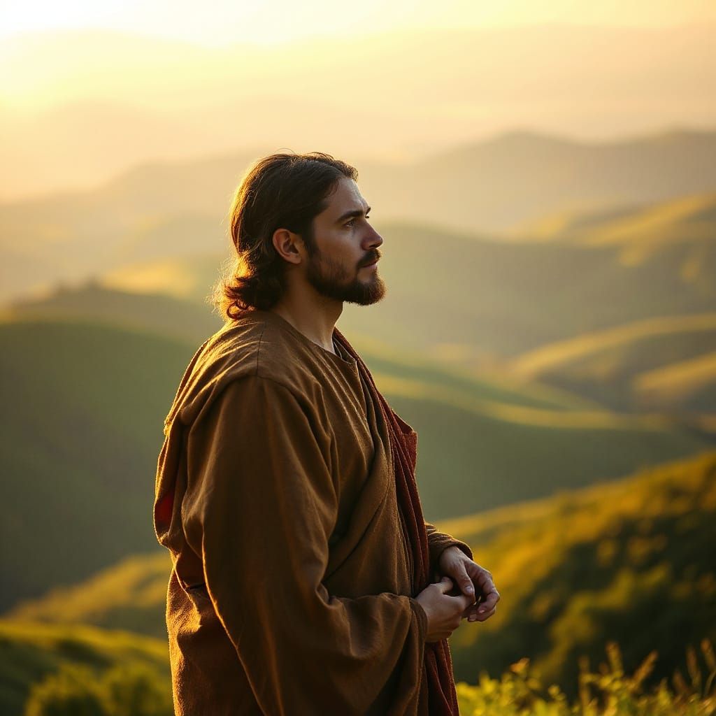 Serenely Standing Jesus Christ in Sunset Glory
