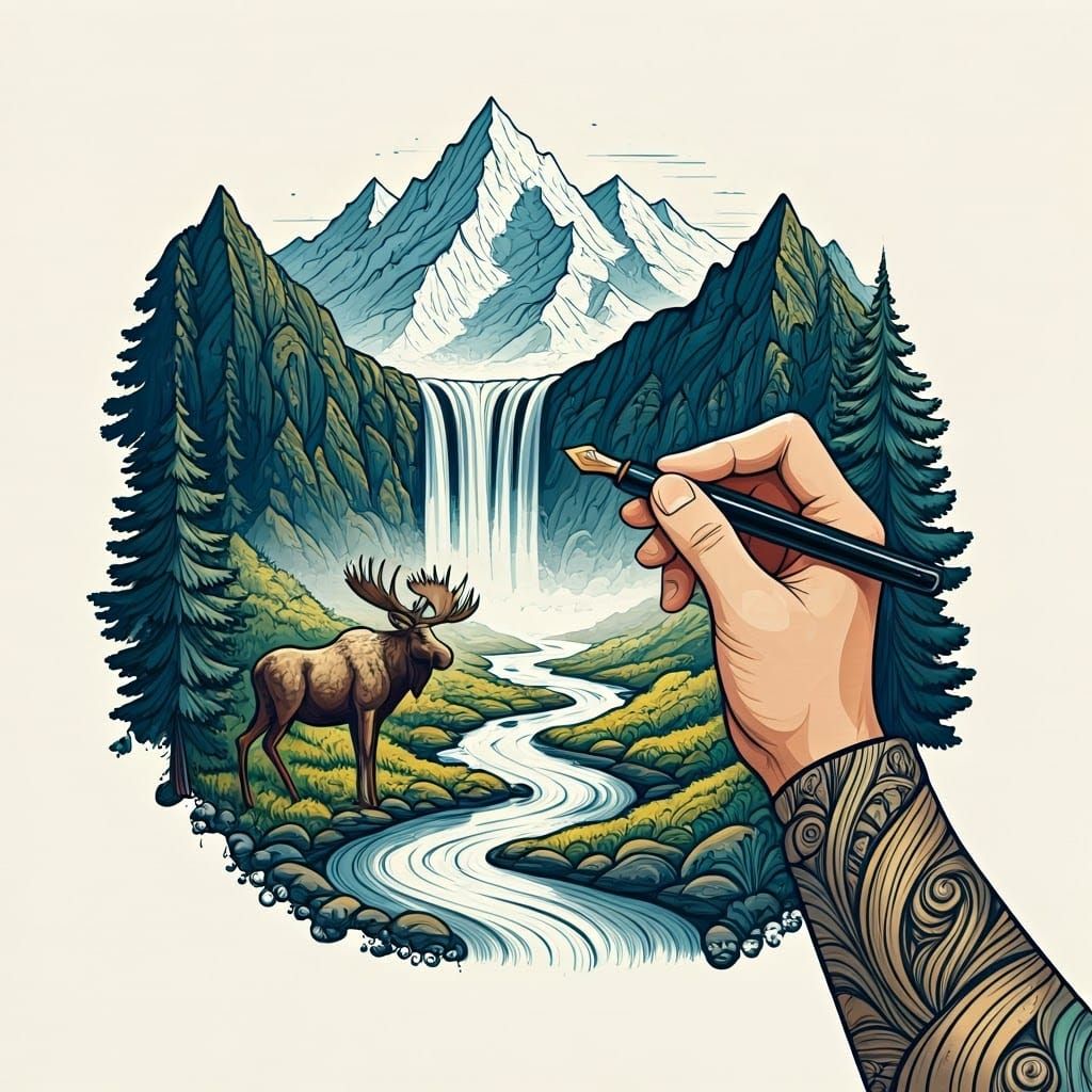 Hand Illustrates Mountain Landscape in Abstract Fractal Styl...