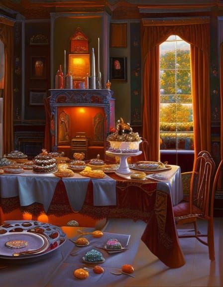 Birthday Party in Lush House as Oil Painting