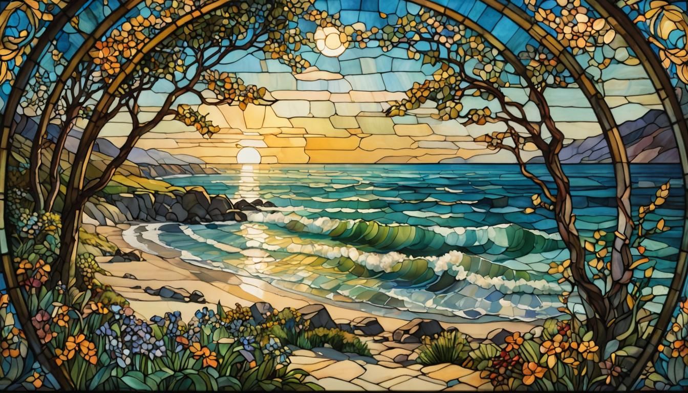 Luminous Beach Scene in Stained Glass Style