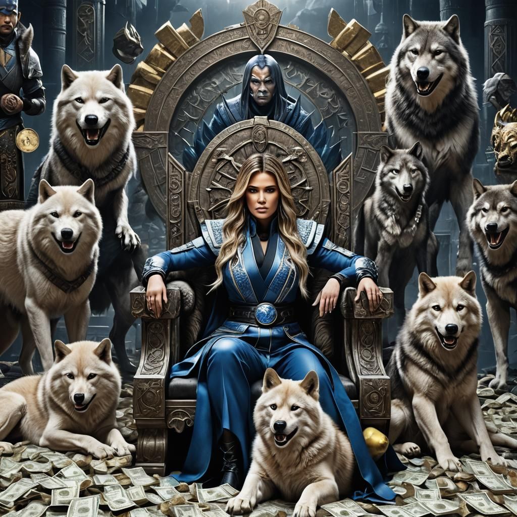 Khloe Kardashian as Sub Zero from Mortal Kombat sitting on a throne surrounded by money pet wolves
"Epic cinematic bril...