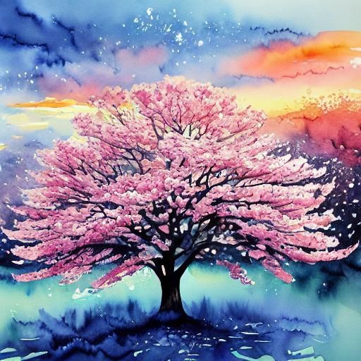 Sakura Tree Spring Sunset in Watercolor Pointillism