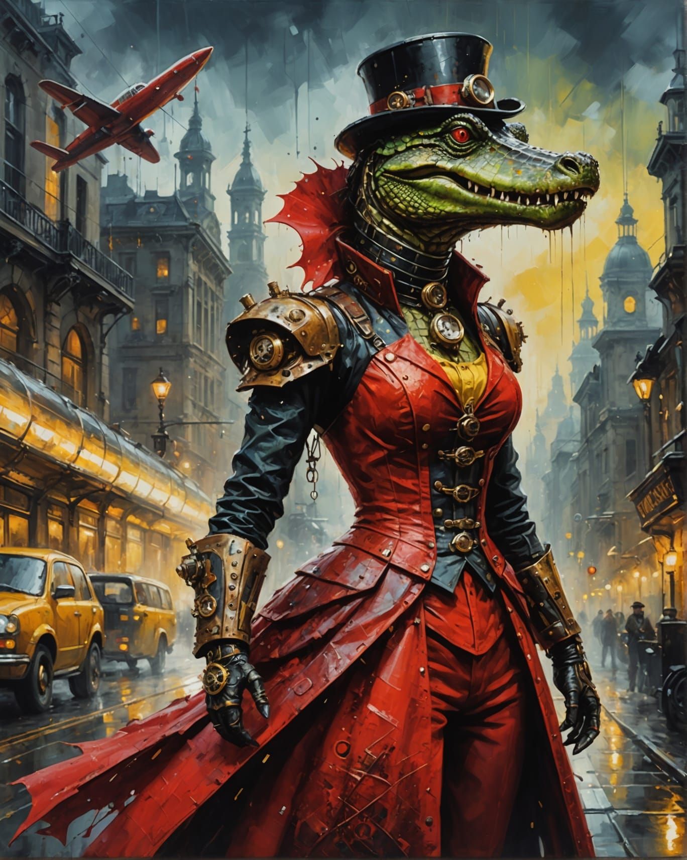 Steampunk Crocodile Pilot in a Night Cityscape