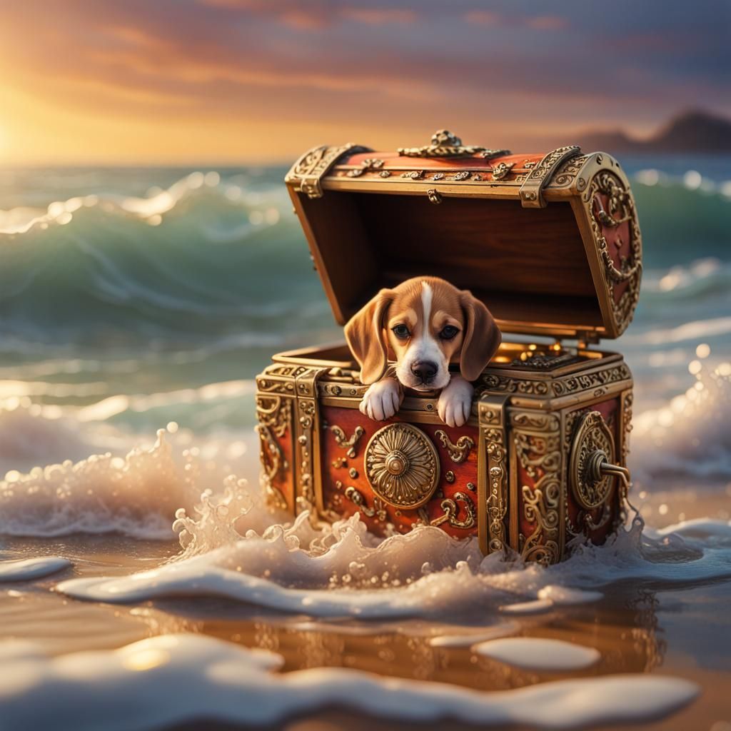 Miniature Treasure Chest with Beagle Puppy at Golden Hour
