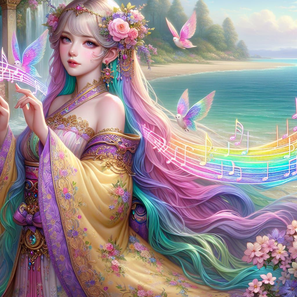 Rainbow-Haired Angel Singing by the Ocean