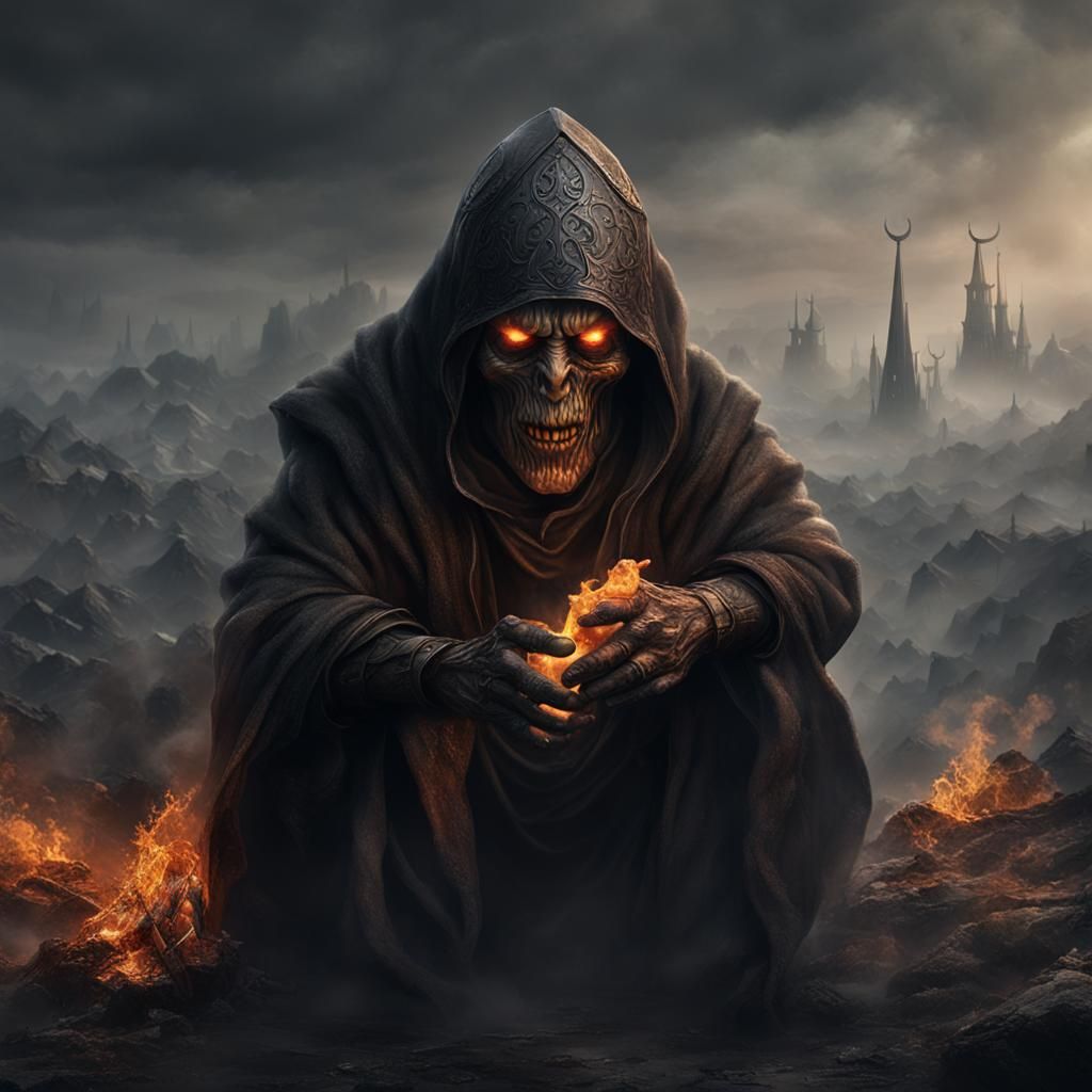 Wrinkled Face with Burning Eyes in Gray Fog