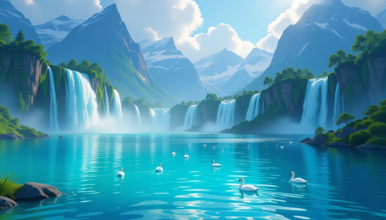 Ethereal Turquoise Lakes with Glowing Waterfalls and Wildlif...