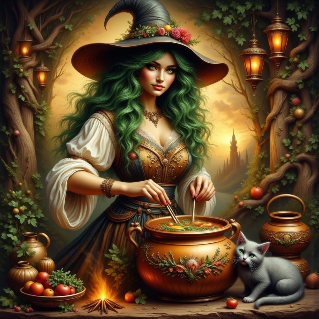 Enchanting Witch Stirs Hearty Soup in Cozy, Earthy Setting