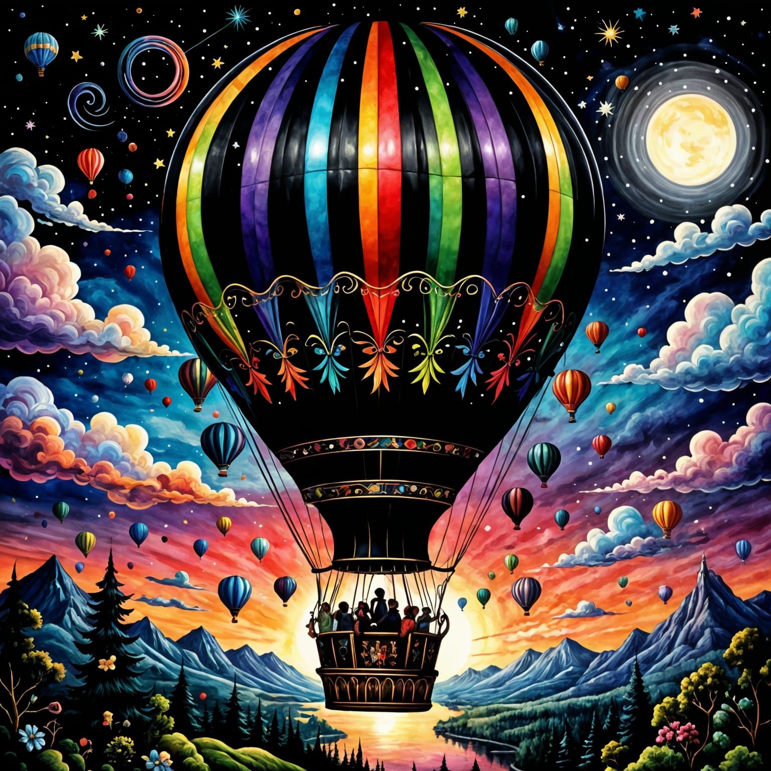 eldritch, elegant black rainbow striped hot air balloon sailing the night sky by moonlight. cosmic illumination. whimsic...