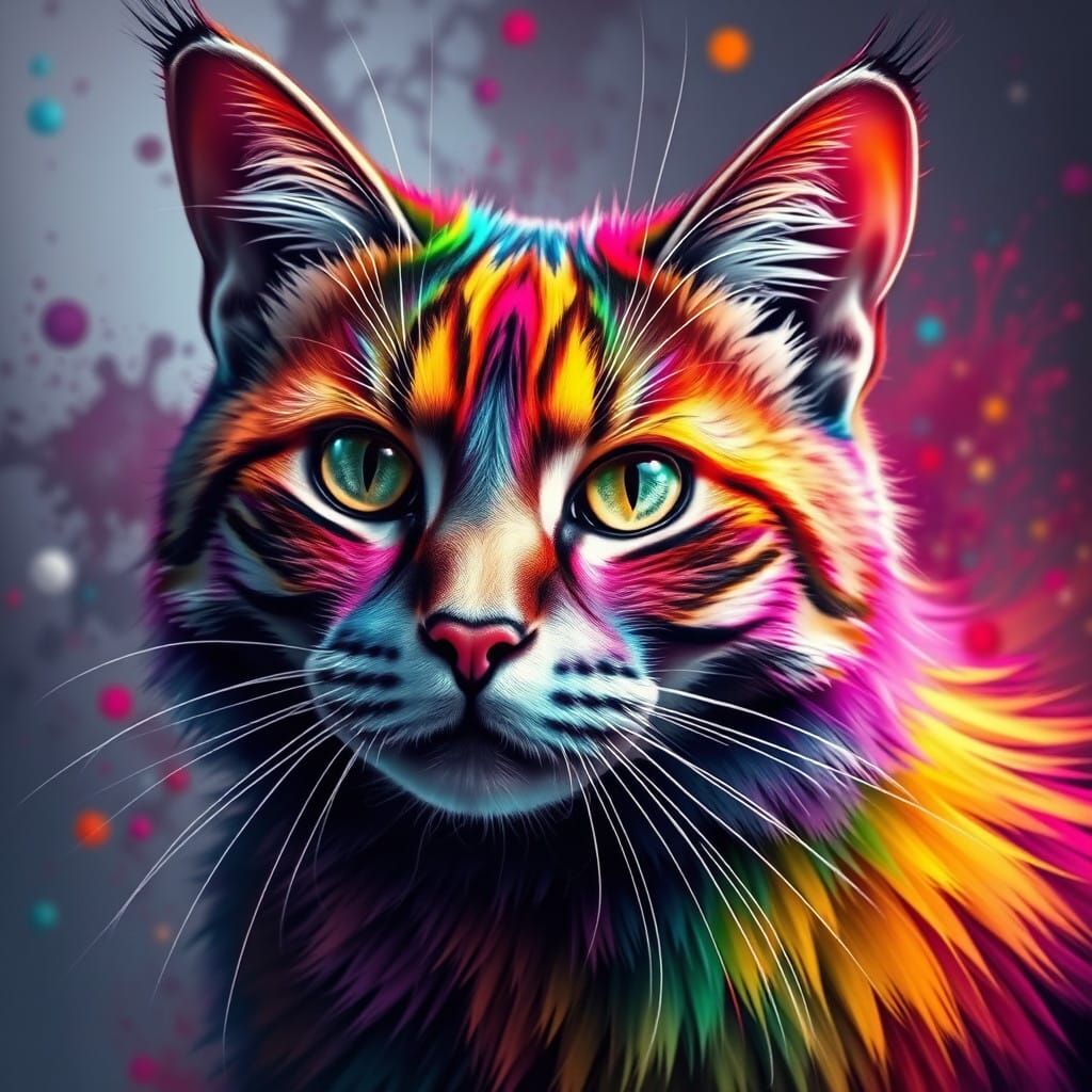 Dynamic Rainbow Cat Portrait in Concept Art Style