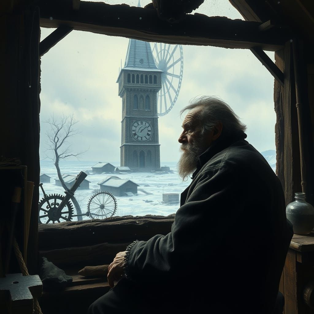 Clockmaker in Windswept Landscape as Oil Painting