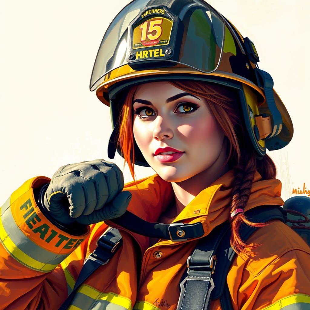 Heroic Female Firefighter in Flaming Hot Airbrushed Art