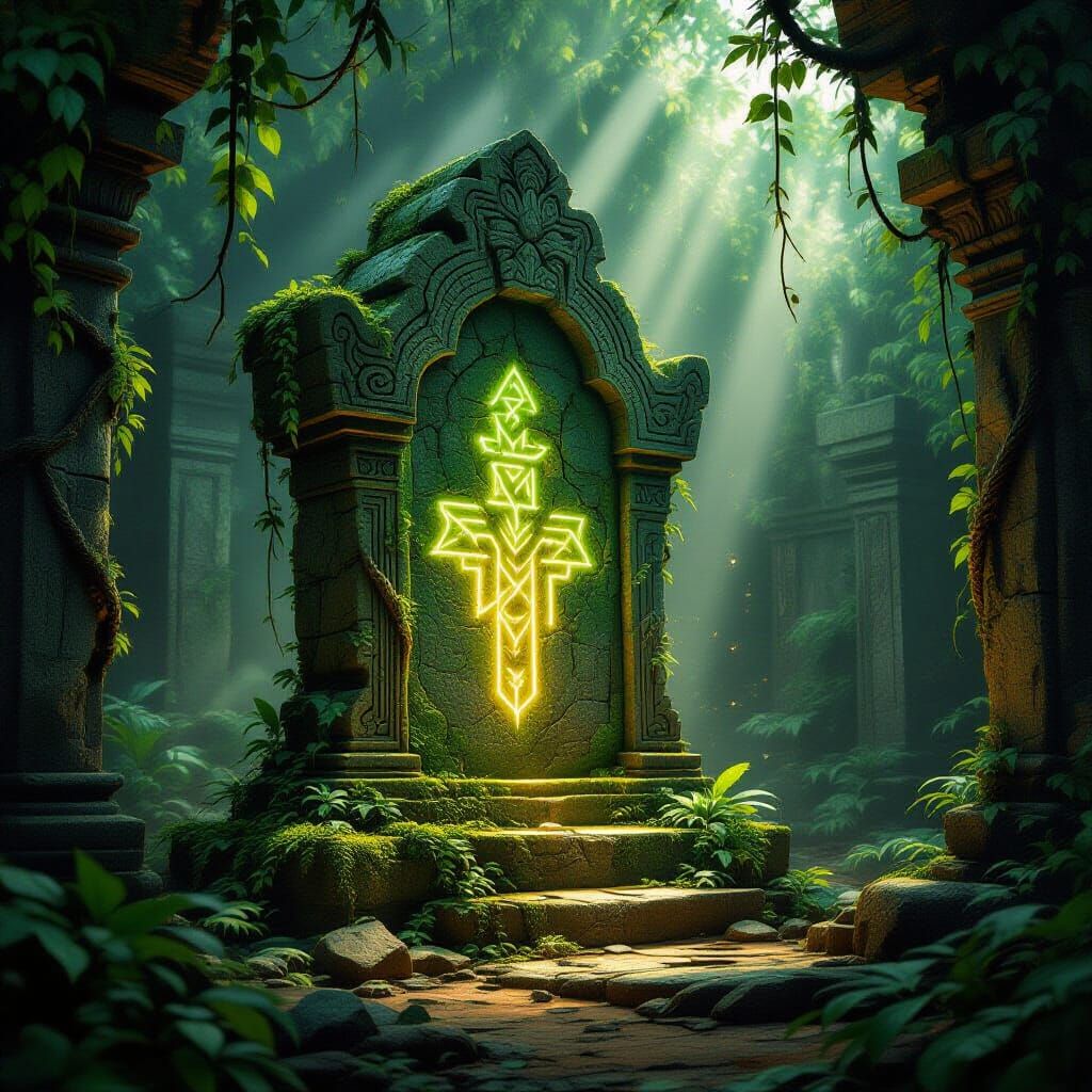 Ancient Jungle Temple Altar with Glowing Runes
