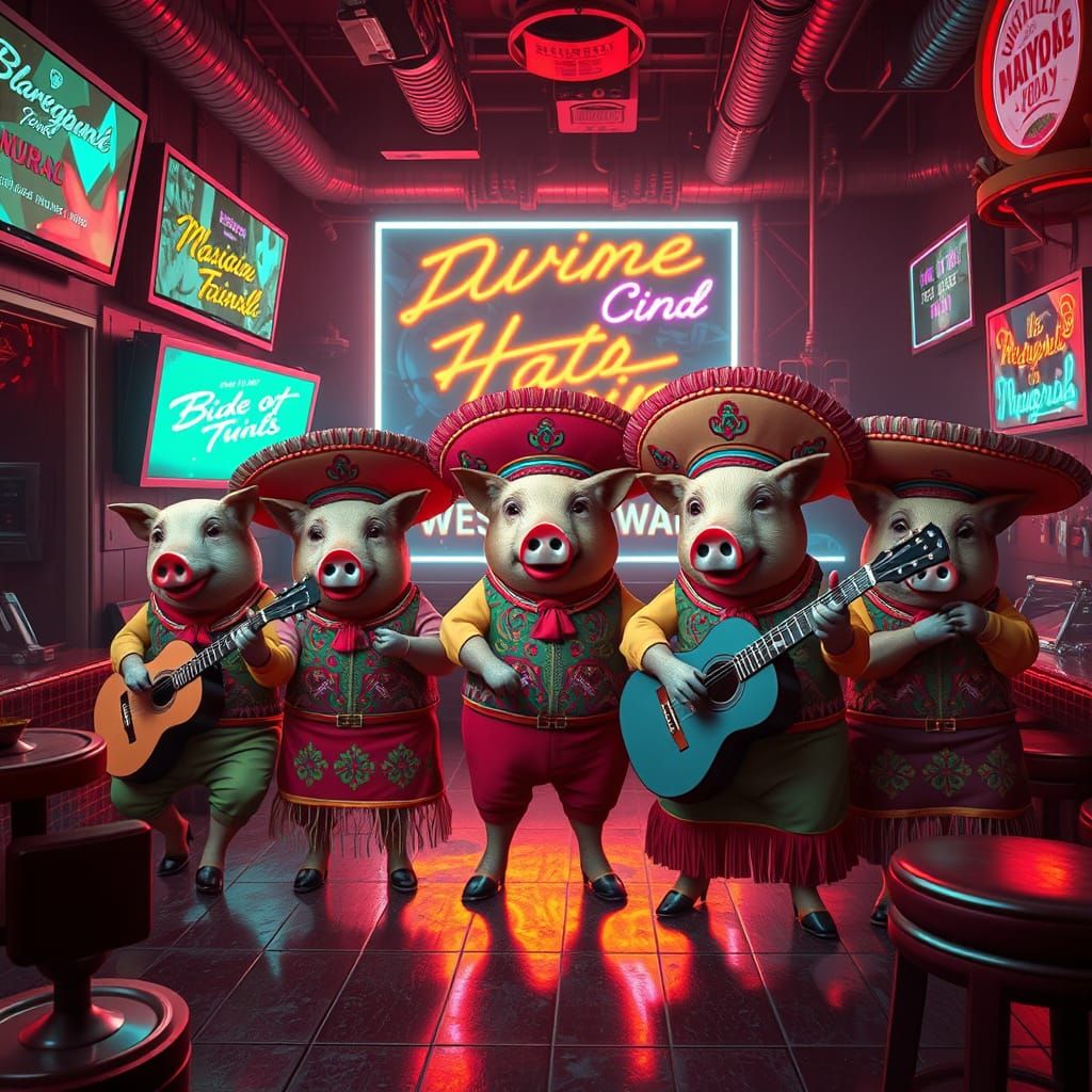 Cyberpunk Mariachi: Mexican Pigs in Neon Bar