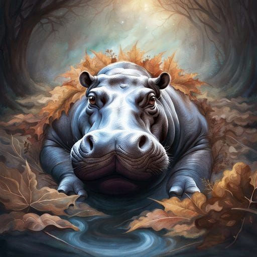 Chalk Art Portrait of Hippo with Autumn Leaves