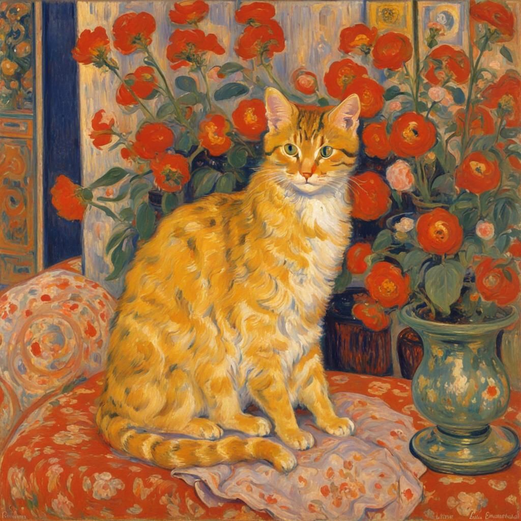 Cat on Pillow with Flowers, in Impressionist Style