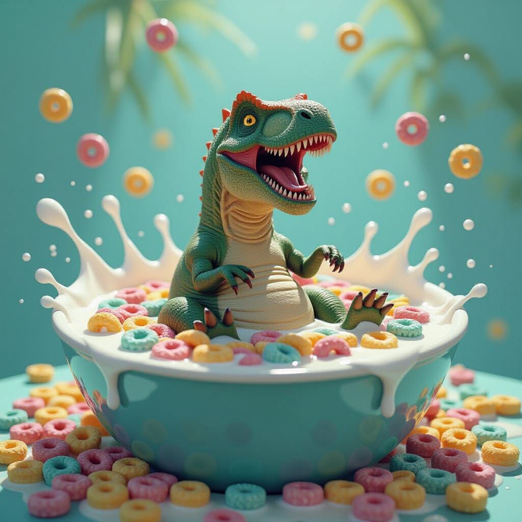Dinosaur in Cereal Bowl: Whimsical Digital Matte Painting