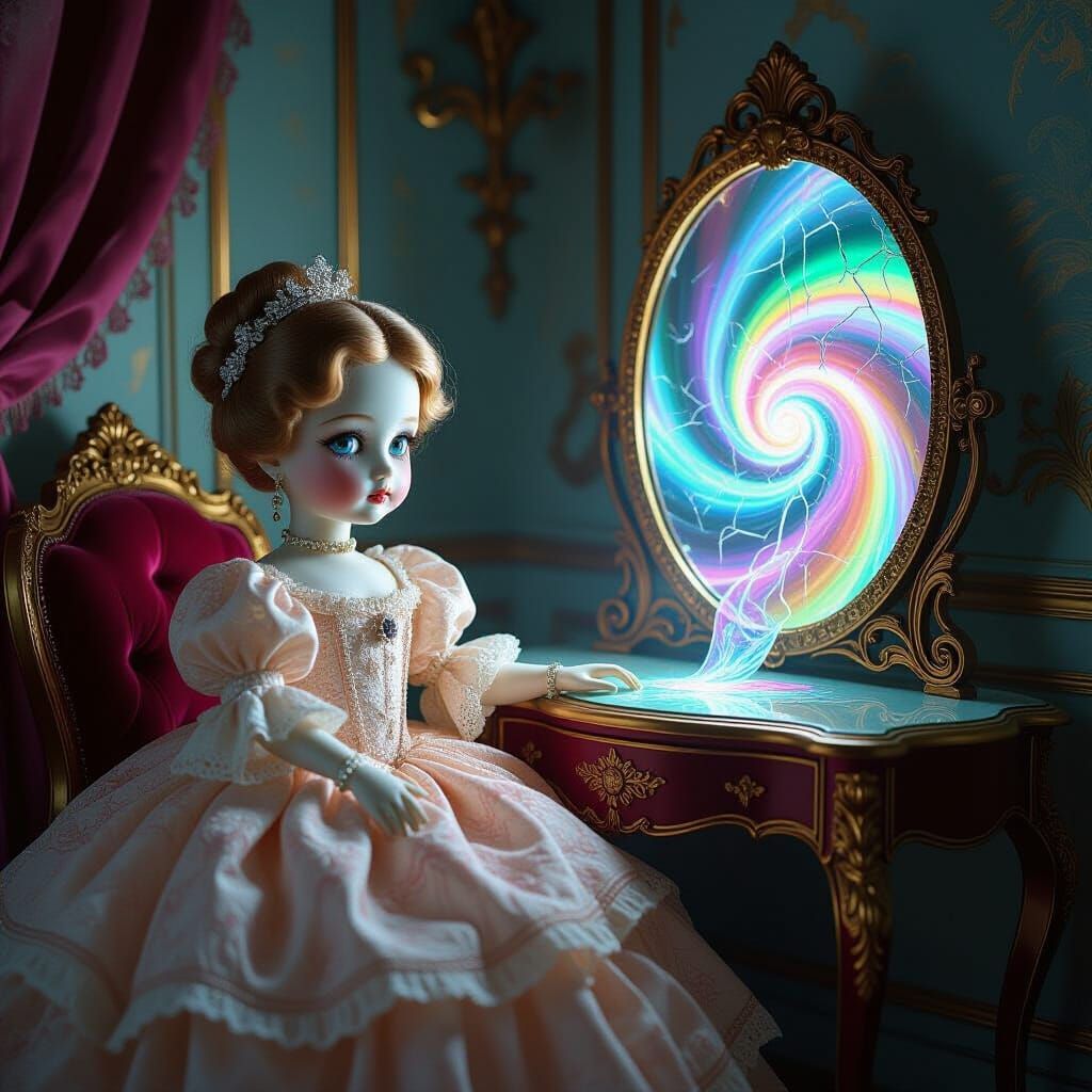 Surreal Doll Gazes into Vortex Mirror Portal