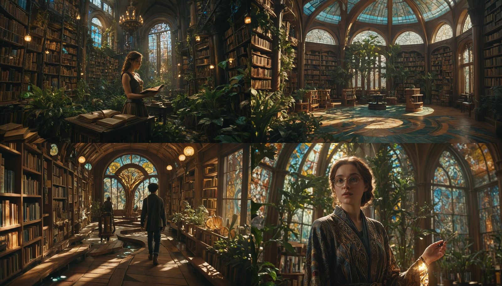 Solarpunk Library with Glowing Books and Crystal Conduits