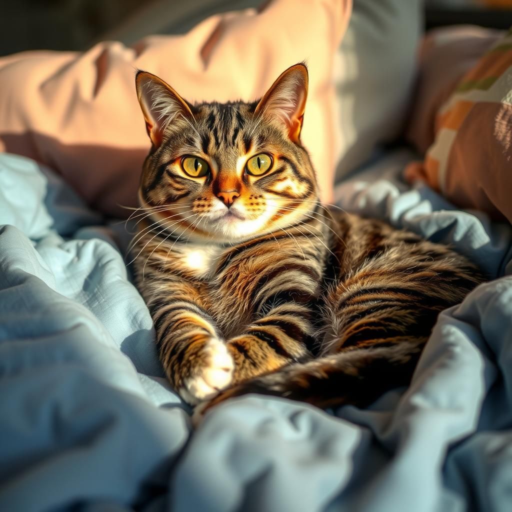 Tabby Cat Lounging on Blue Comforter