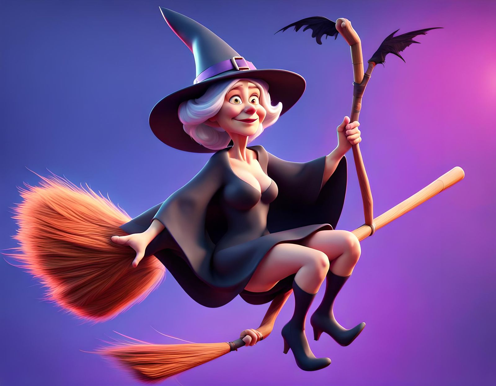 Cute Witch Flies on Broomstick: Pixar-Style 3D Art