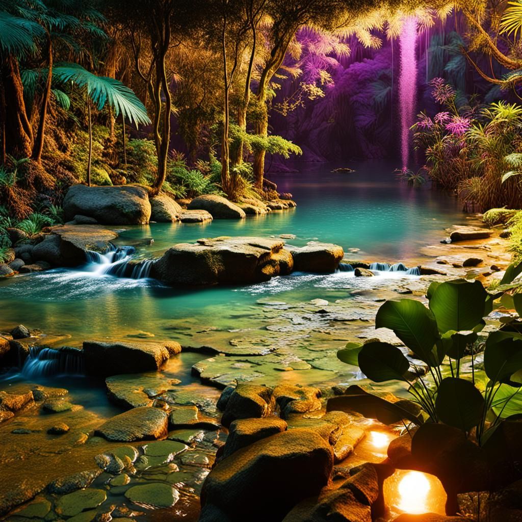 Spaceship Over Jungle Pond with Liquid Metal Water