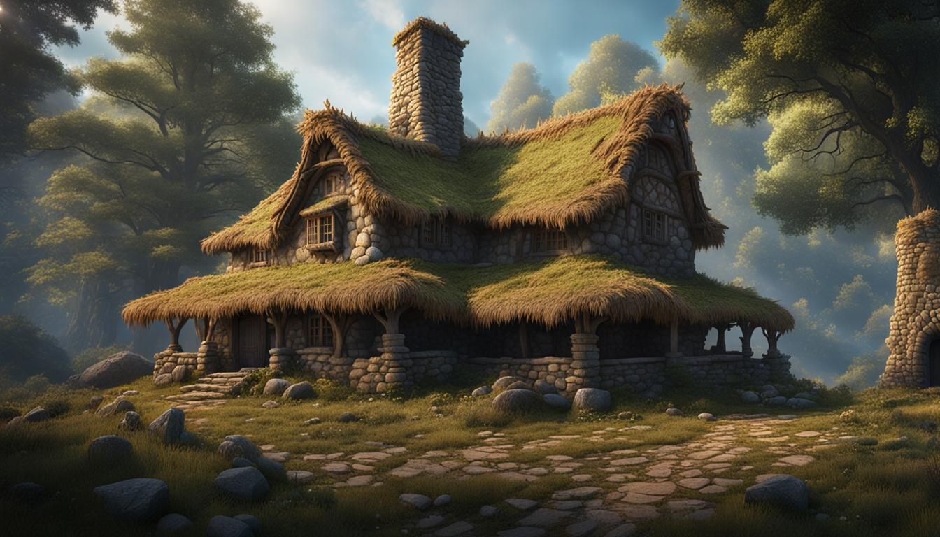 Rustic Stone House with Straw Roof in Forest