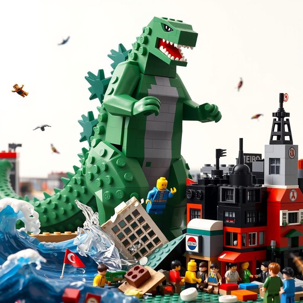 Giant Green LEGO Godzilla Stomps on Tokyo