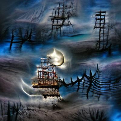 Ghostly Pirate Ship Sailing in Moonlight