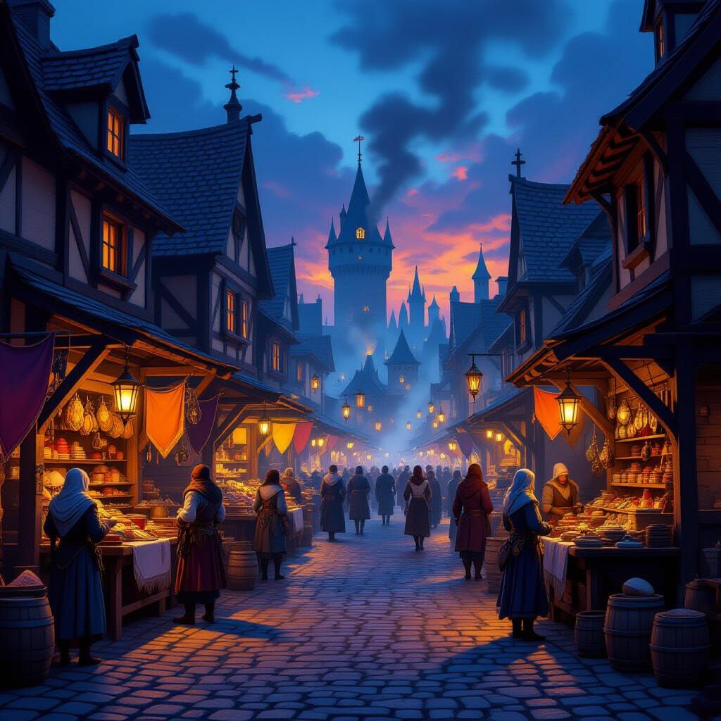 Medieval Marketplace at Dusk in Dramatic Light