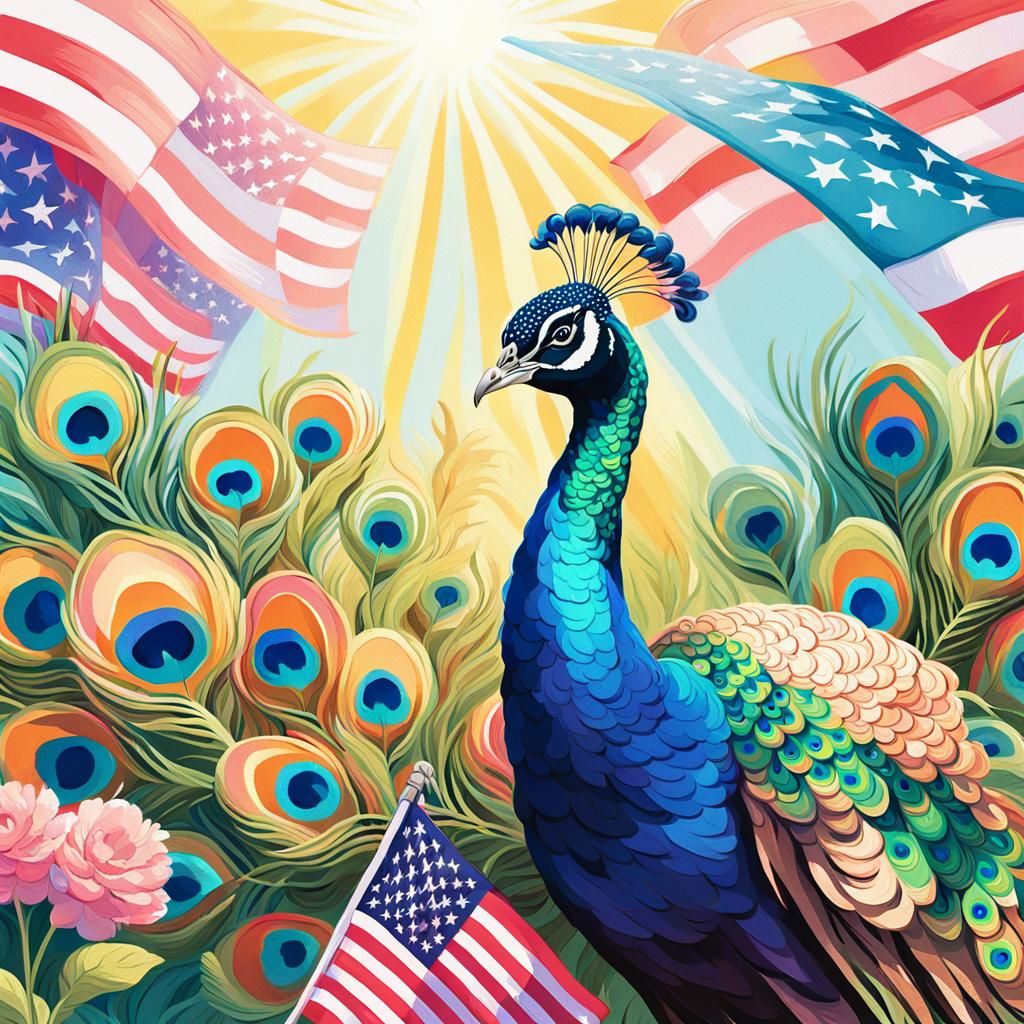 Proud Peacock Wields American Flag in Sun-Kissed Garden