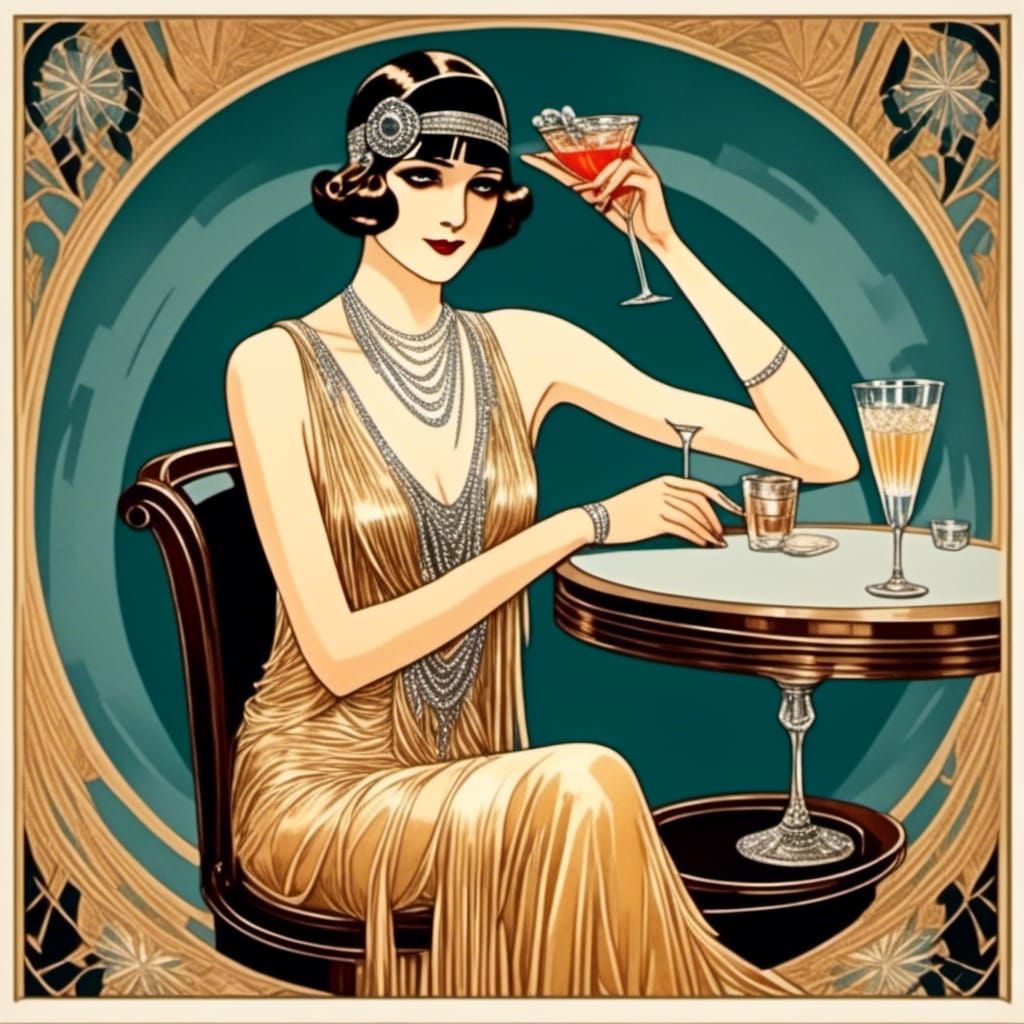 Flapper in Evening Gown Drinks Cocktail