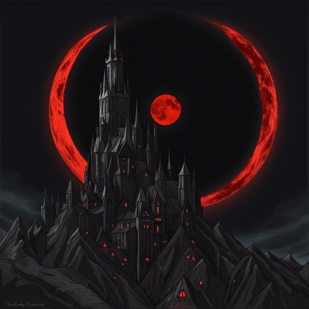Sauron's Castle Under a Blood Moon