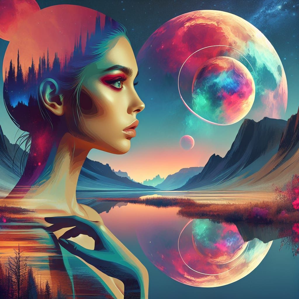 Double Exposure Portrait: Alien World in Anime Style