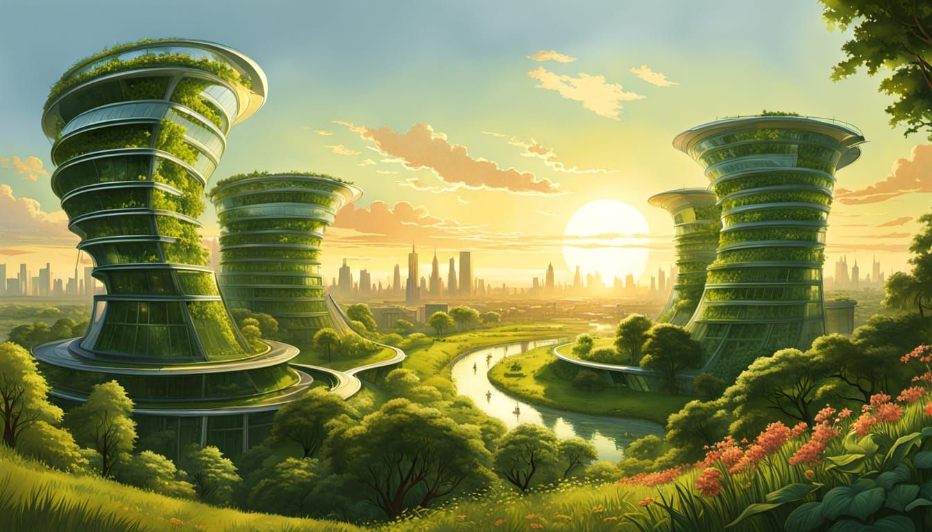 Surreal Eco-Futurist Cityscape Thrives in Verdant Meadow