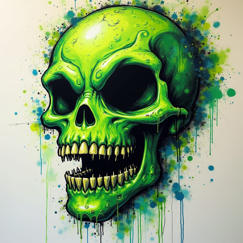 Green Alien Skull with Graffiti in Digital Art Style