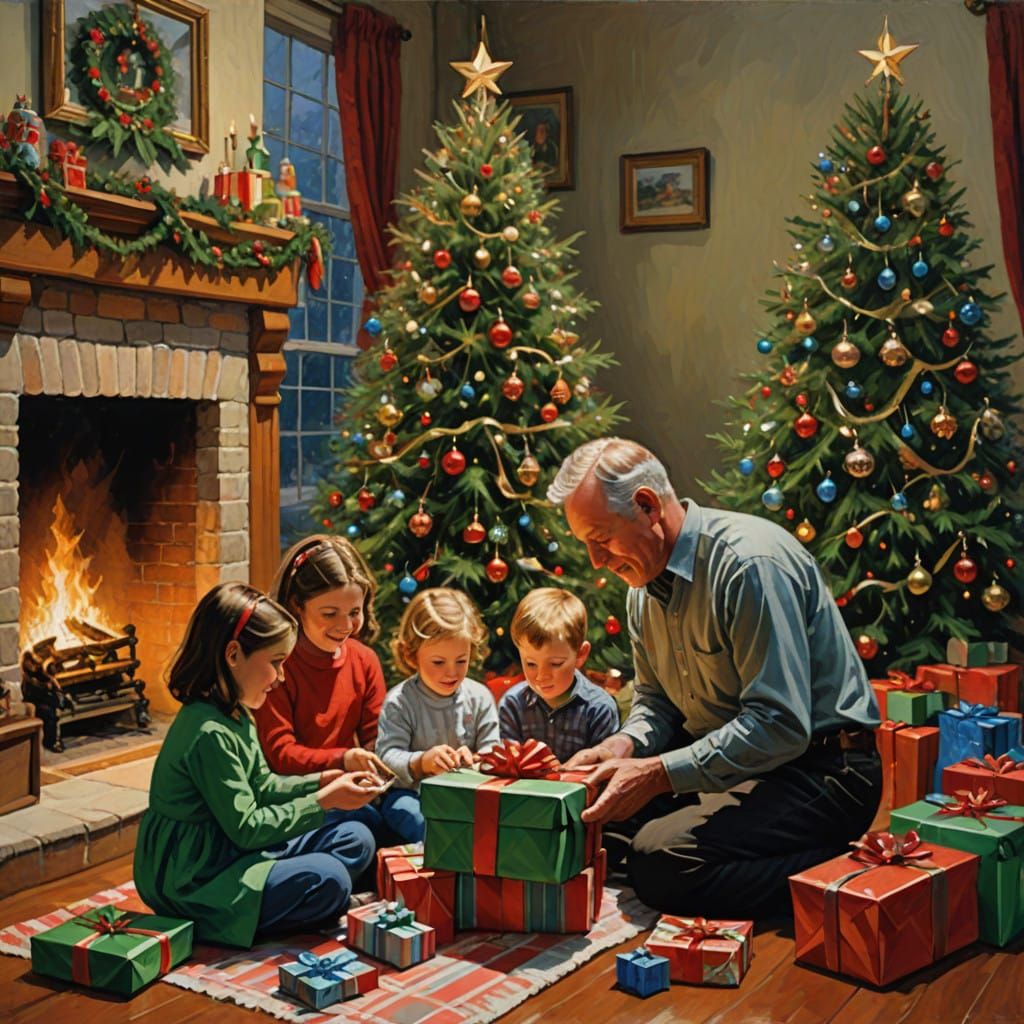 Joyful Christmas Scene in Oils by Gouache