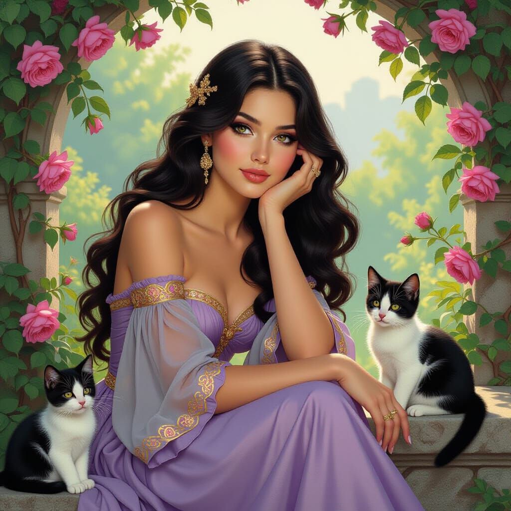 Woman in Garden with Kittens, Art Nouveau Style