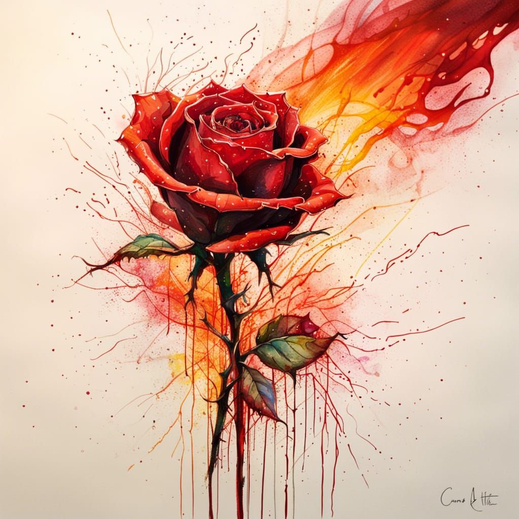 Fiery Rose in a Nocturnal Firestorm, Photorealistic