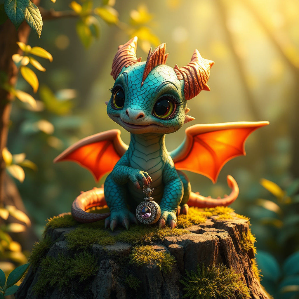 Iridescent Baby Dragon in Enchanted Forest, 8K
