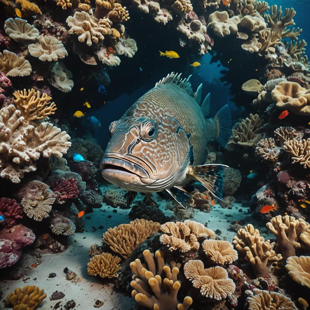 Grouper in Red Sea Coral Reef: Cinematic Film Still