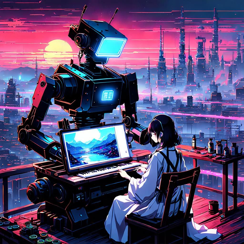 Cyberpunk Robot Painter at Dusk: Anime Key Visual