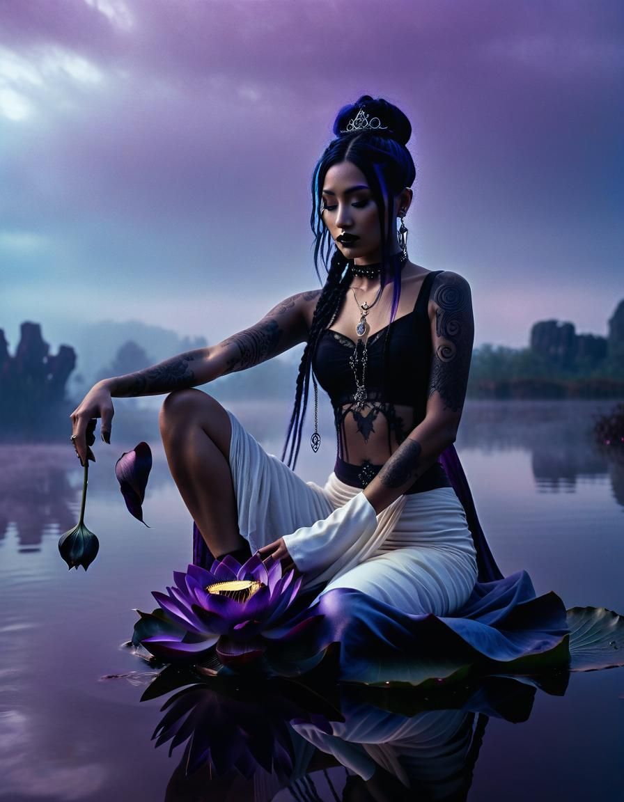 Gothic EMO Kwan Yin with Black Lotus