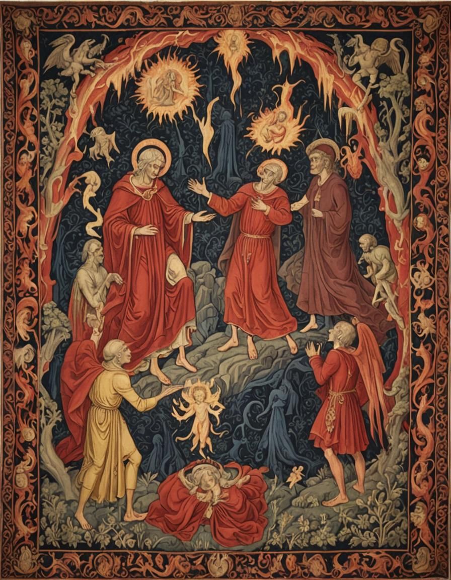 Medieval Tapestry: Dante in Hell Begs Lucifer