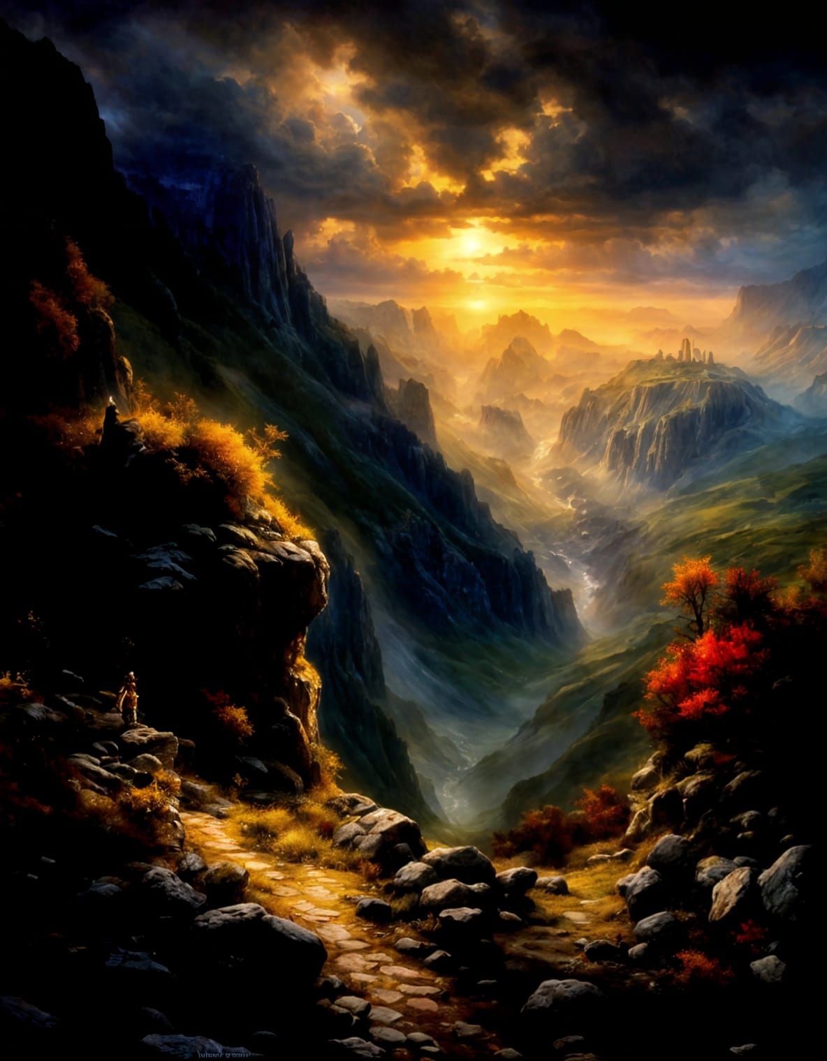 Fantasy landscape,  detailed background, by arthur rackham and pino daeni