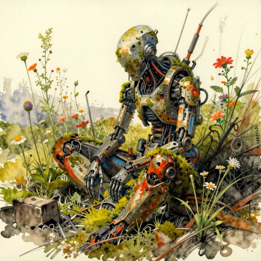 Cyberpunk Cyborg in Wasteland, Watercolour Expressionism Sty...
