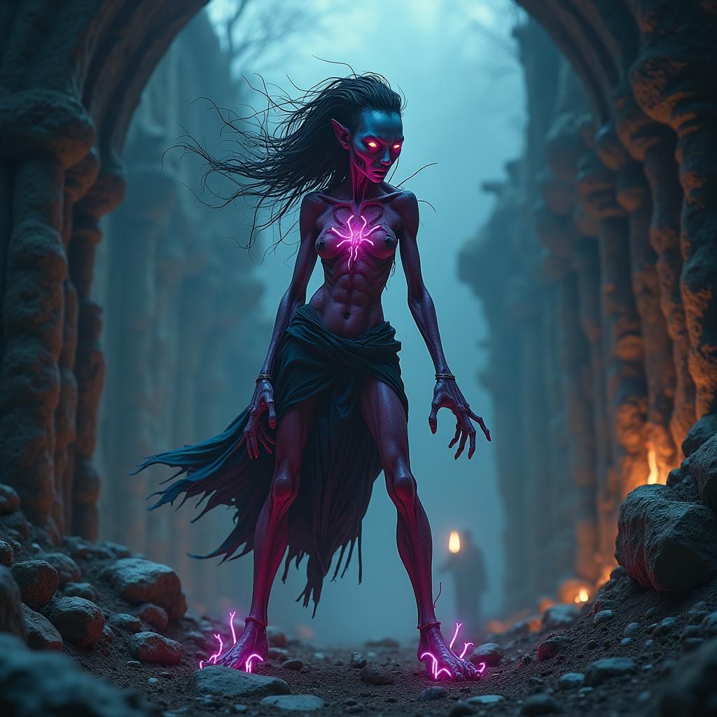 Zombie Monster Girl in Dark Fantasy Environment
