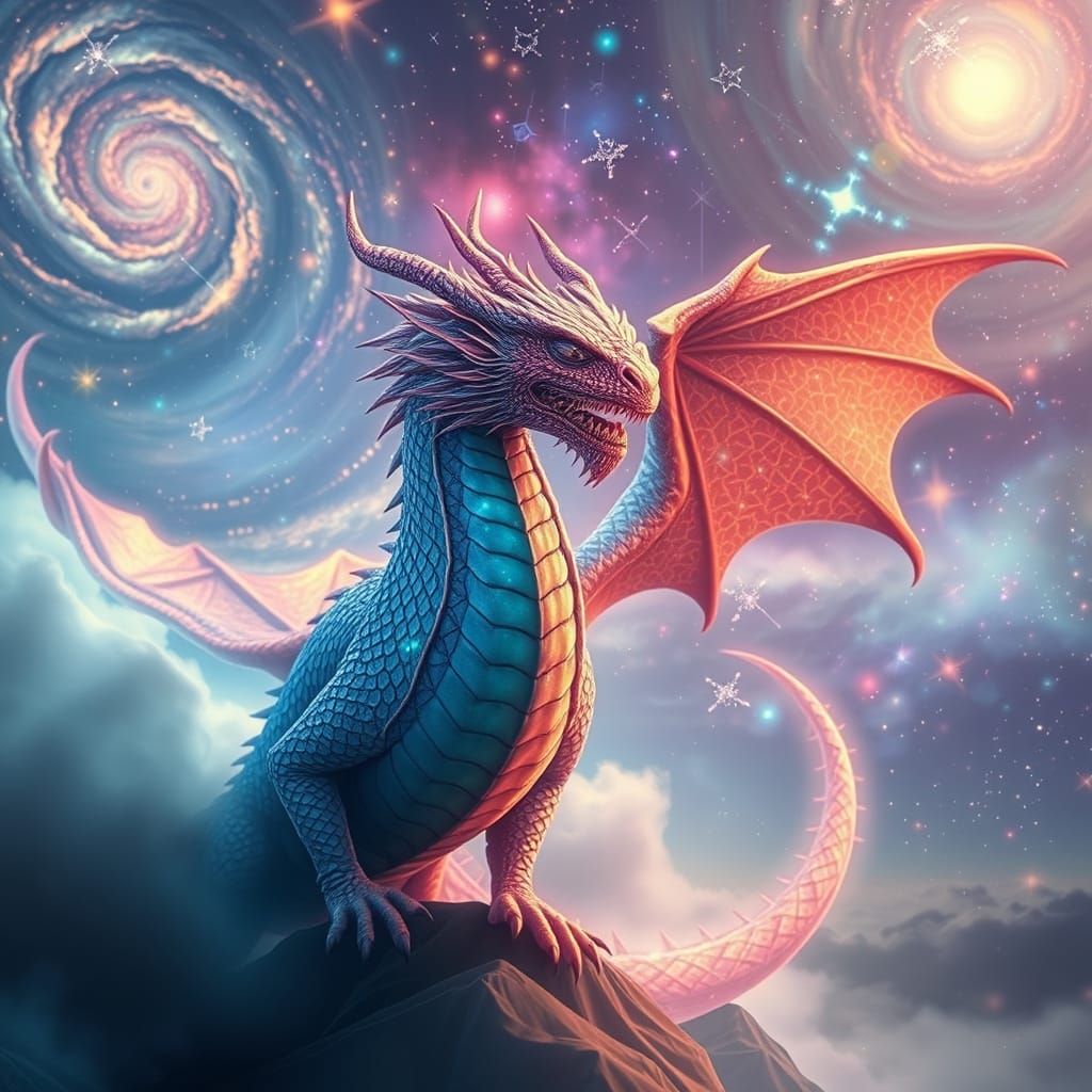 Dragon Amidst Celestial Wonders in Neon Digital Art